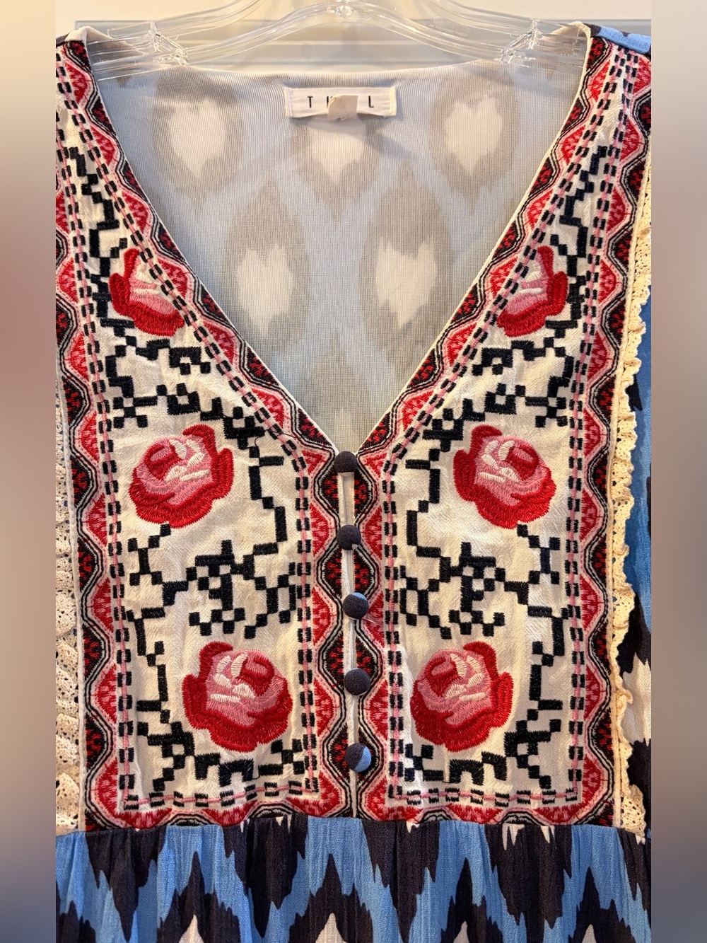 THML Blue and White Patterned Women’s Dress with Red Floral Embroidered Yoke - Picture 3 of 4
